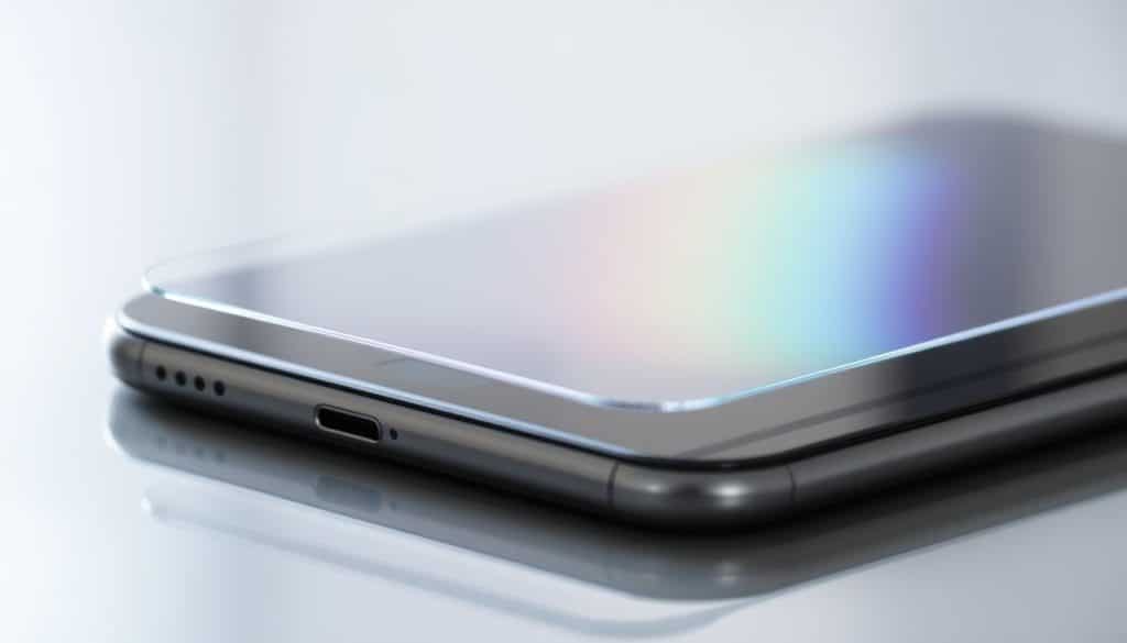 A close-up shot of a transparent iPhone screen protector, delicately laid on a reflective surface. The protective film has a slight prismatic sheen, creating a subtle rainbow-like effect. The background is softly blurred, allowing the screen protector to be the focal point. The lighting is soft and diffused, casting gentle shadows that accentuate the contours of the film. The overall composition conveys a sense of simplicity and attention to detail, reflecting the purpose of the product to safeguard the smartphone's display.