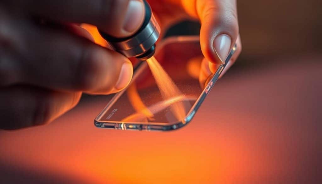 A close-up view of a person's hands applying heat to a transparent, tempered glass panel, possibly a smartphone screen protector. The hands are wielding a heat gun or a lighter, with the glass gently warming and softening under the precise application of heat. The lighting is warm and focused, highlighting the textures and details of the glass surface. The background is blurred, placing the emphasis on the delicate, intricate process of removing the protective glass. The overall mood is one of careful, methodical technique, showcasing an alternative to traditional glass removal methods.