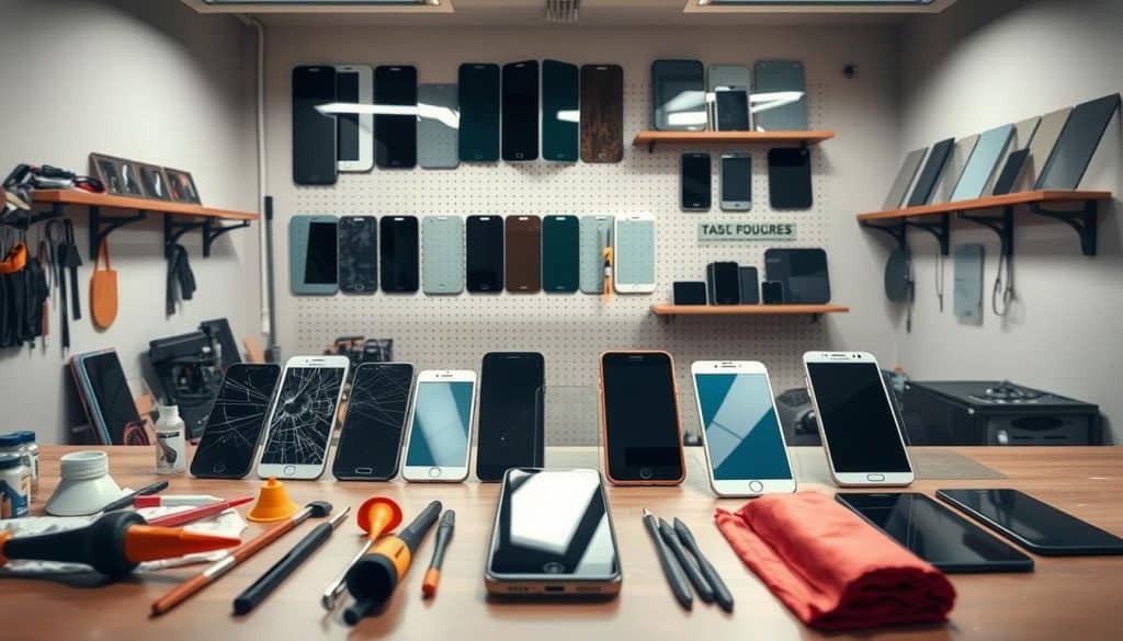 A meticulously engineered workshop setting showcasing solutions for common screen protector and tempered glass problems. In the foreground, an array of tools and materials - adhesive, suction cups, microfiber cloths. The middle ground features a variety of smartphone models with cracked or scratched screens, alongside pristine examples with flawless glass protectors. In the background, wall-mounted shelves display a range of replacement glass panels in various sizes and tints. Soft, directional lighting casts an authoritative, problem-solving atmosphere, inviting the viewer to envision the process of resolving their own screen protection challenges.