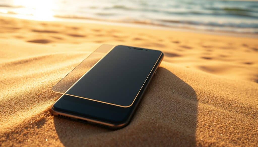 A serene sandy beach bathed in warm, golden sunlight. In the foreground, a close-up view of a smartphone display, its screen protected by a sleek, transparent Displayschutz film. The film blends seamlessly with the display, casting a subtle, protective sheen over the surface. In the middle ground, the sand glistens, its grains casting intricate patterns as a gentle breeze rustles across the beach. In the background, a peaceful ocean stretches towards the horizon, its waves lapping softly against the shore. An atmosphere of tranquility and environmental harmony, showcasing how the Displayschutz film can shield devices from the elements while maintaining a natural, unobtrusive look.