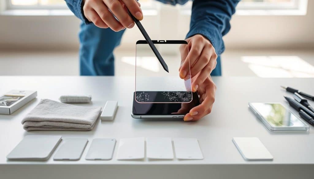 A step-by-step guide to installing a high-quality display protector. In the foreground, a person's hands carefully aligning a clear film over the glossy screen of a modern smartphone, meticulously removing air bubbles with a squeegee. The middle ground shows an array of display protection accessories, including cleaning cloths, applicator cards, and spare protectors. The background depicts a minimalist workspace, with natural lighting filtering in through large windows, creating a calm and focused atmosphere. The entire scene conveys a sense of precision, attention to detail, and the importance of properly safeguarding a device's display.